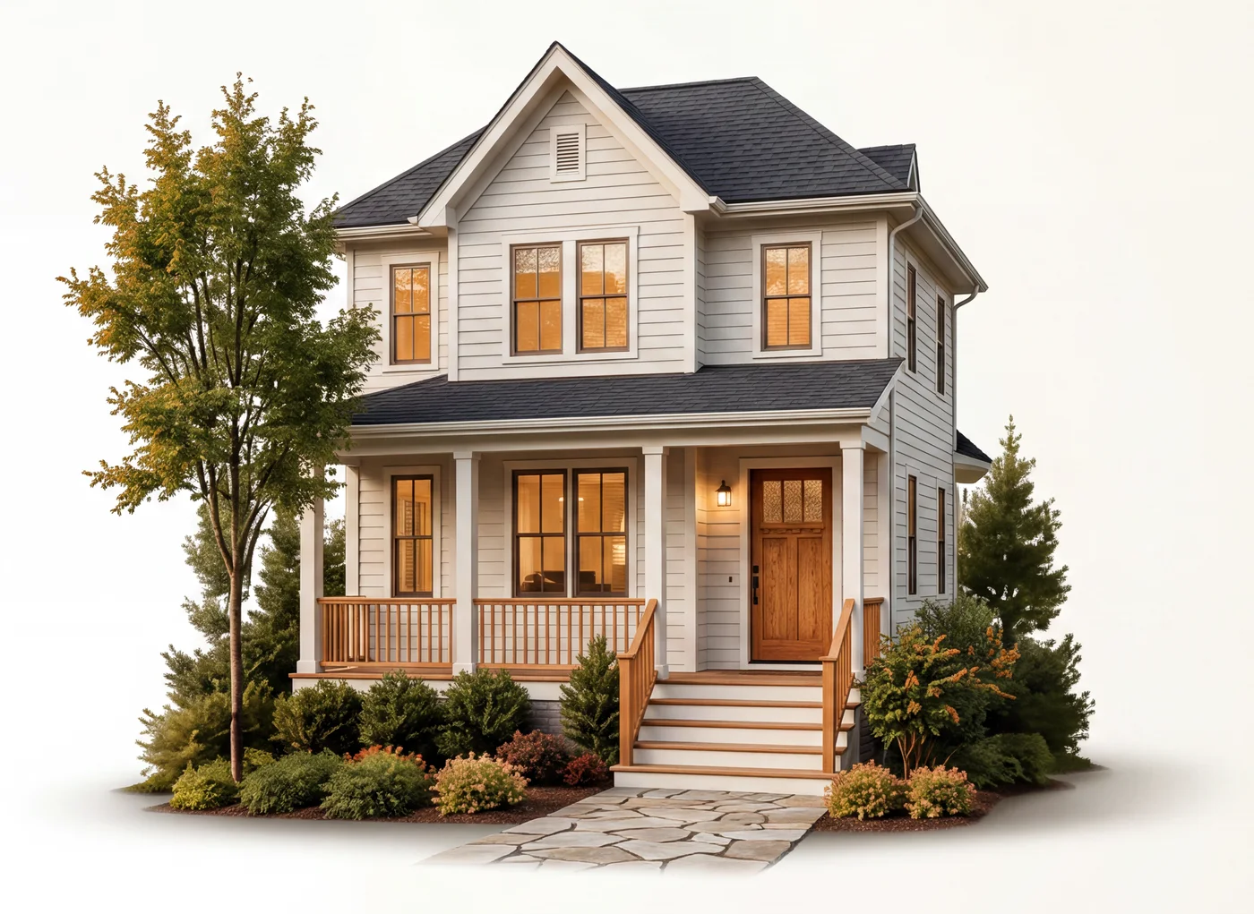 White two-story farmhouse with a covered front porch